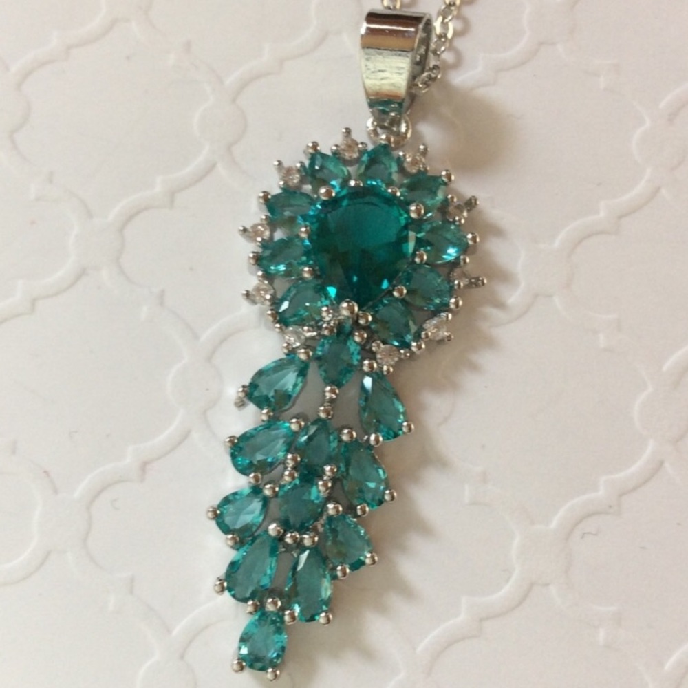 Classic Aqua Blue Aquamarine Pendant  Sterling Silver W/ 925 Silver Chain